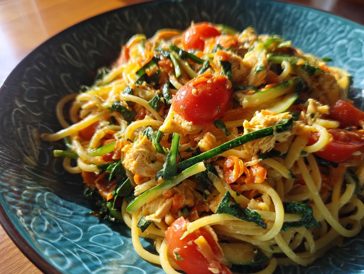 Close-up of pasta salad and chicken with tomatoes, zucchini, and herbs.