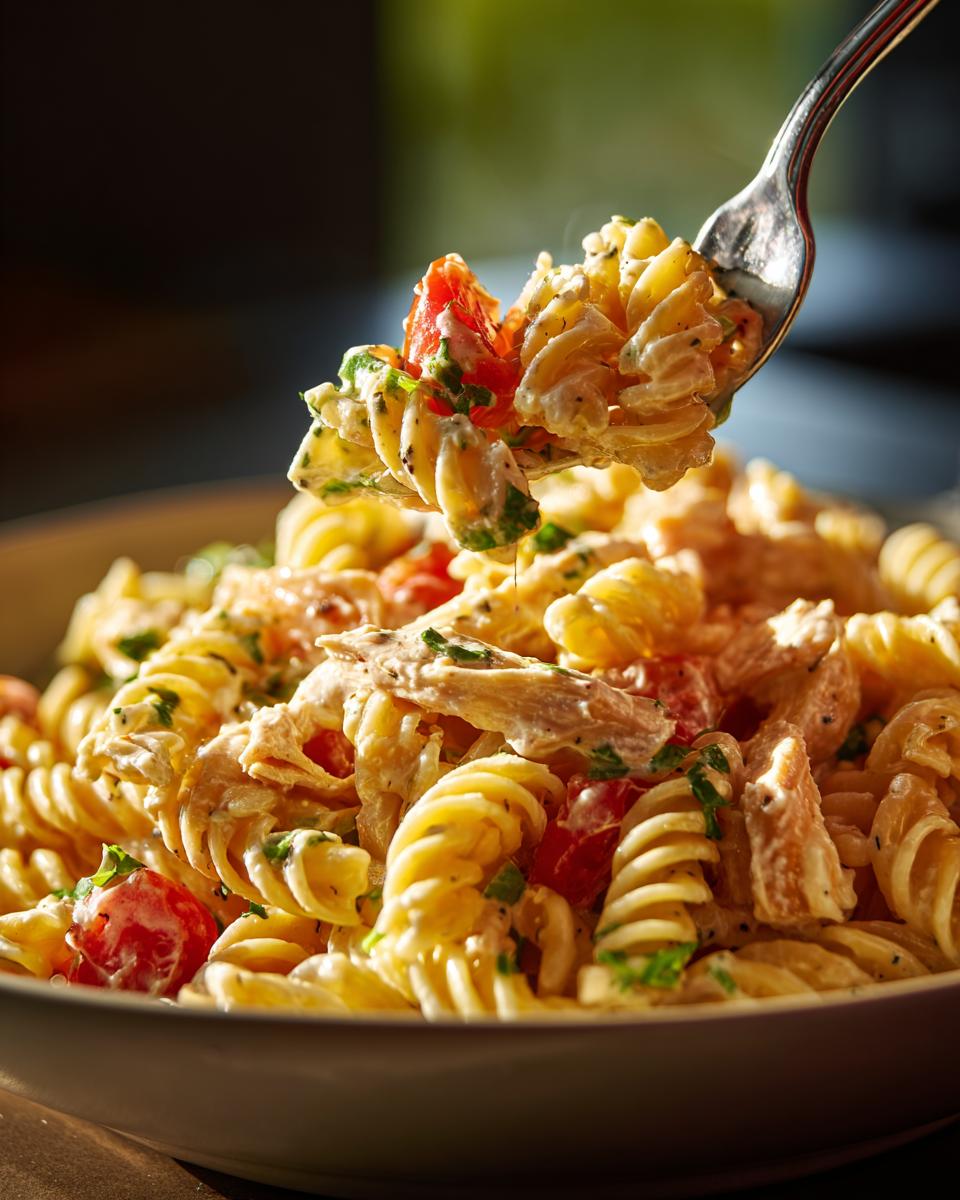 Close-up of pasta salad and chicken with tomatoes and herbs on a fork, ready to eat. This pasta salad and chicken is delicious!
