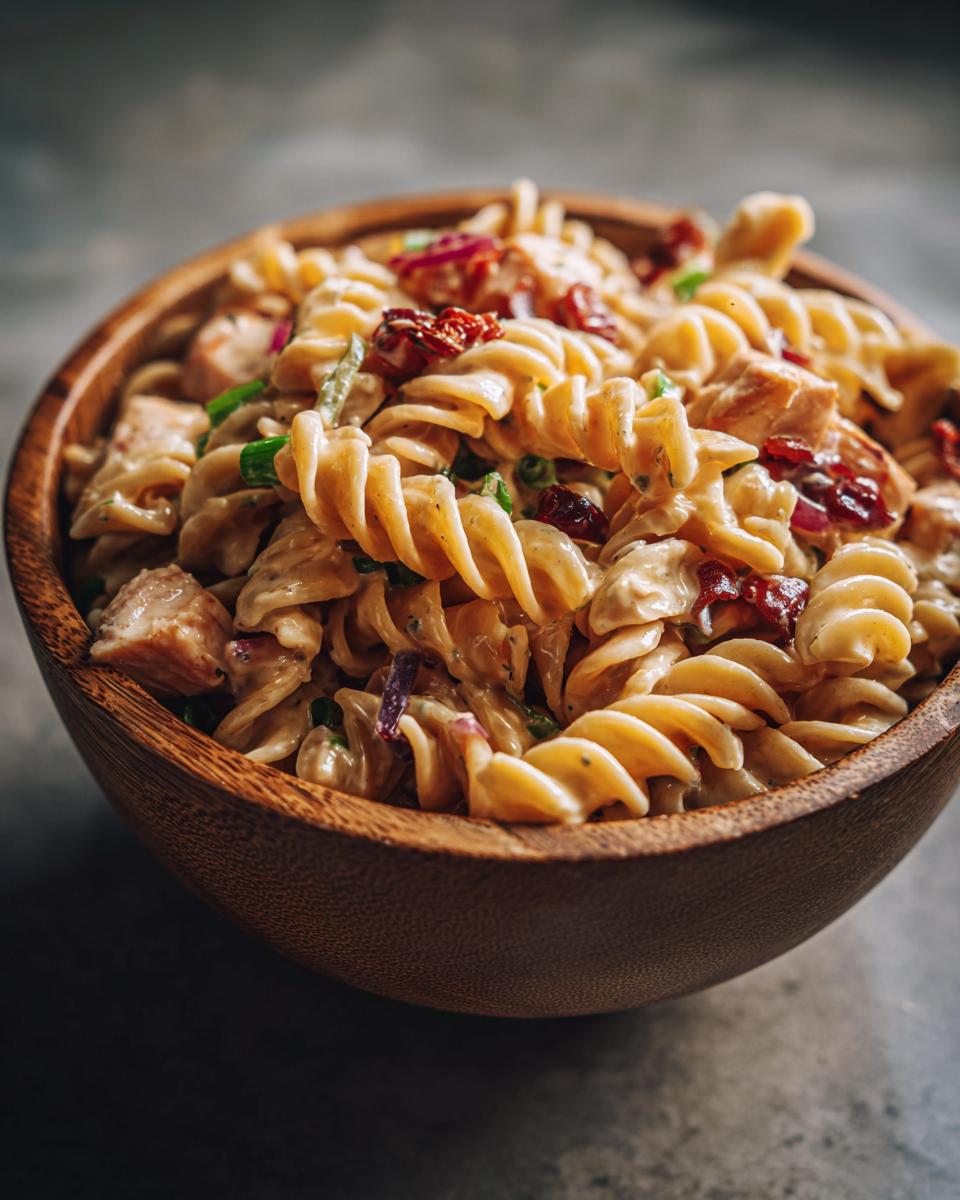 Close-up of pasta salad and chicken in a wooden bowl, showing fusilli pasta, chicken pieces, and vegetables.