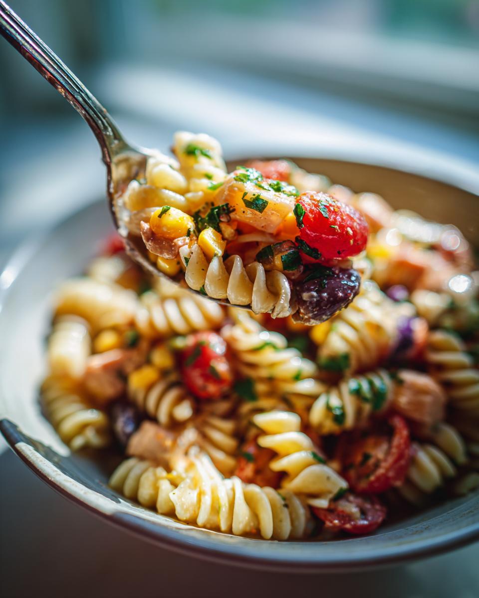 Close-up of pasta salad and chicken on a spoon, showing ingredients like tomatoes and corn. The pasta salad and chicken is delicious.