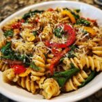 Close-up of a pasta salad artichoke with fresh vegetables and cheese.