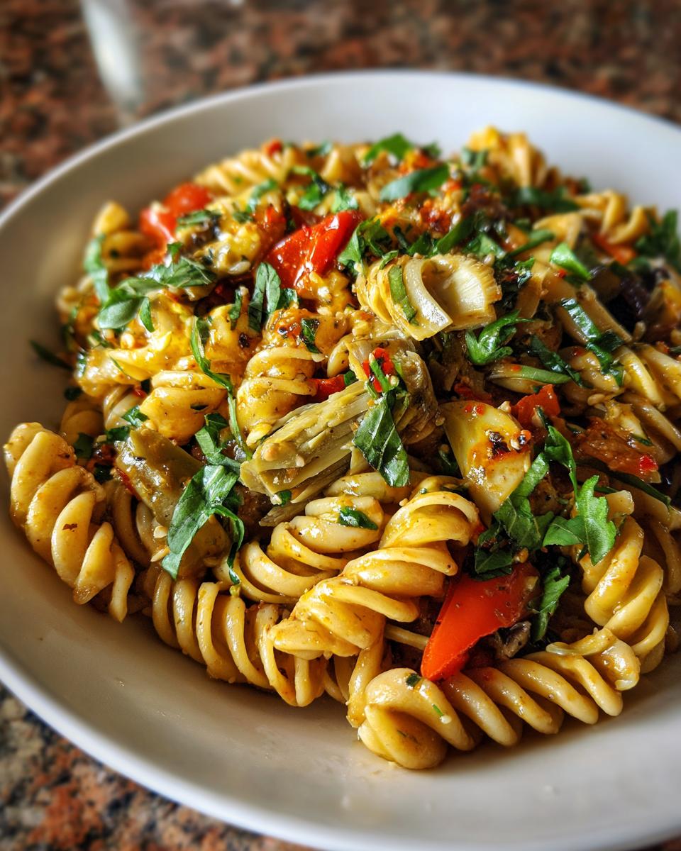 Close-up of a pasta salad artichoke with fresh basil and red peppers.