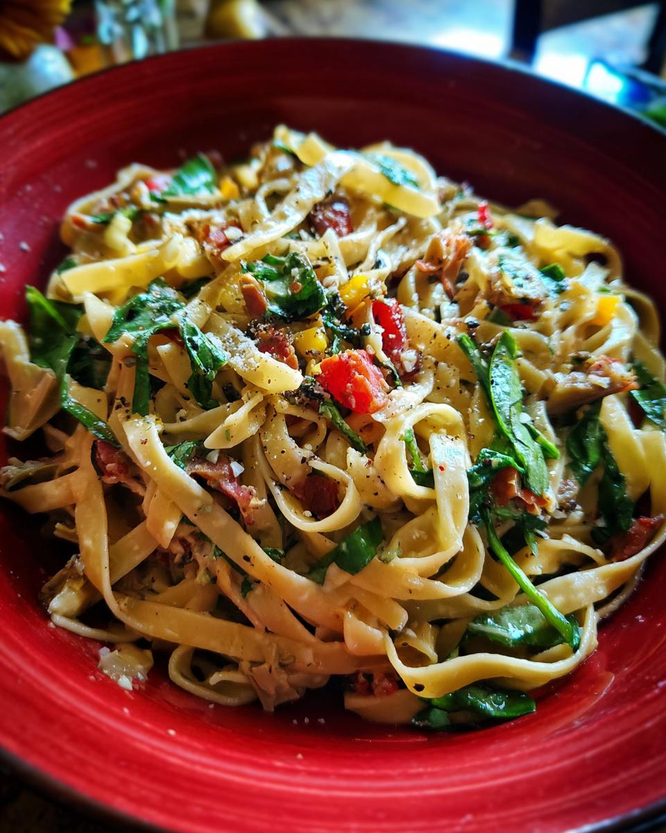 Close-up of pasta salad artichoke with fresh spinach, tomatoes, and herbs in a red bowl.