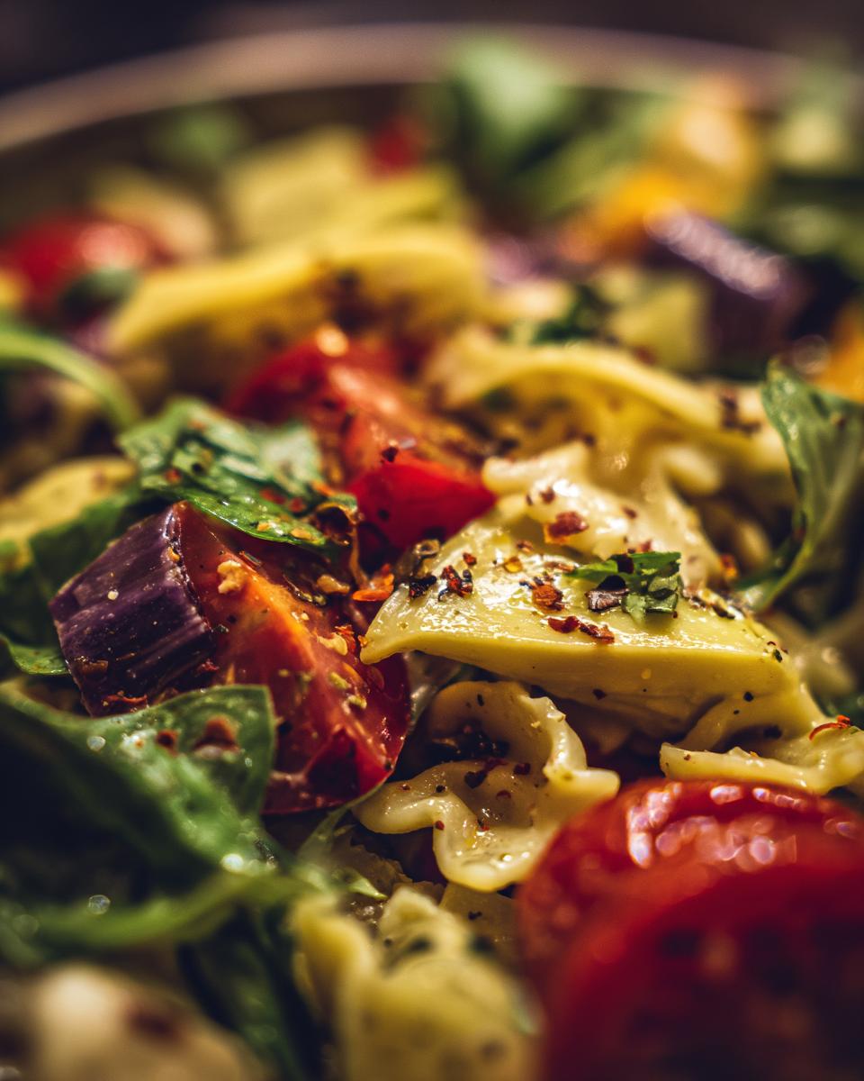 Close-up of pasta salad artichoke with tomatoes, basil, and seasonings.