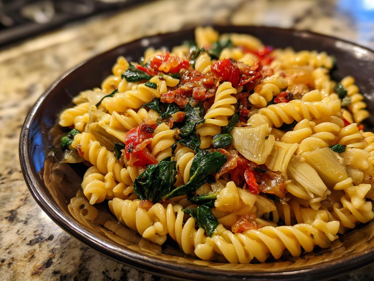 Close-up of pasta salad artichoke with fusilli pasta, artichoke hearts, spinach, and tomatoes.