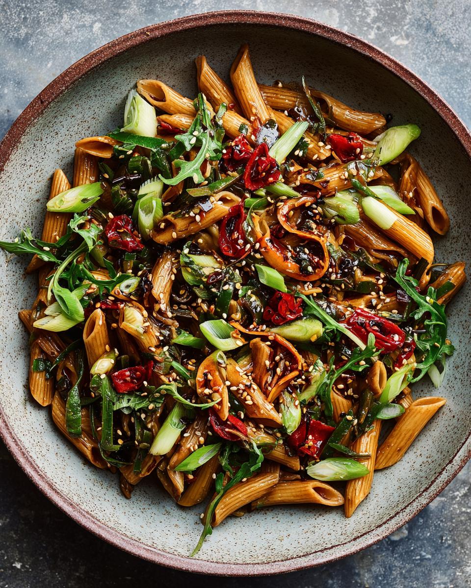 Overhead shot of a bowl of pasta salad asian with vegetables and sesame seeds.