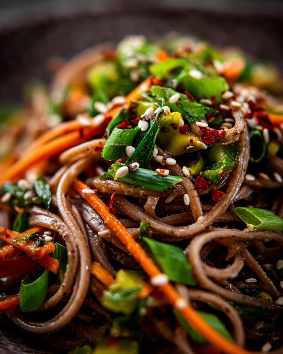 Close-up of a colorful Asian pasta salad with noodles, carrots, and green onions. This is a delicious pasta salad asian.
