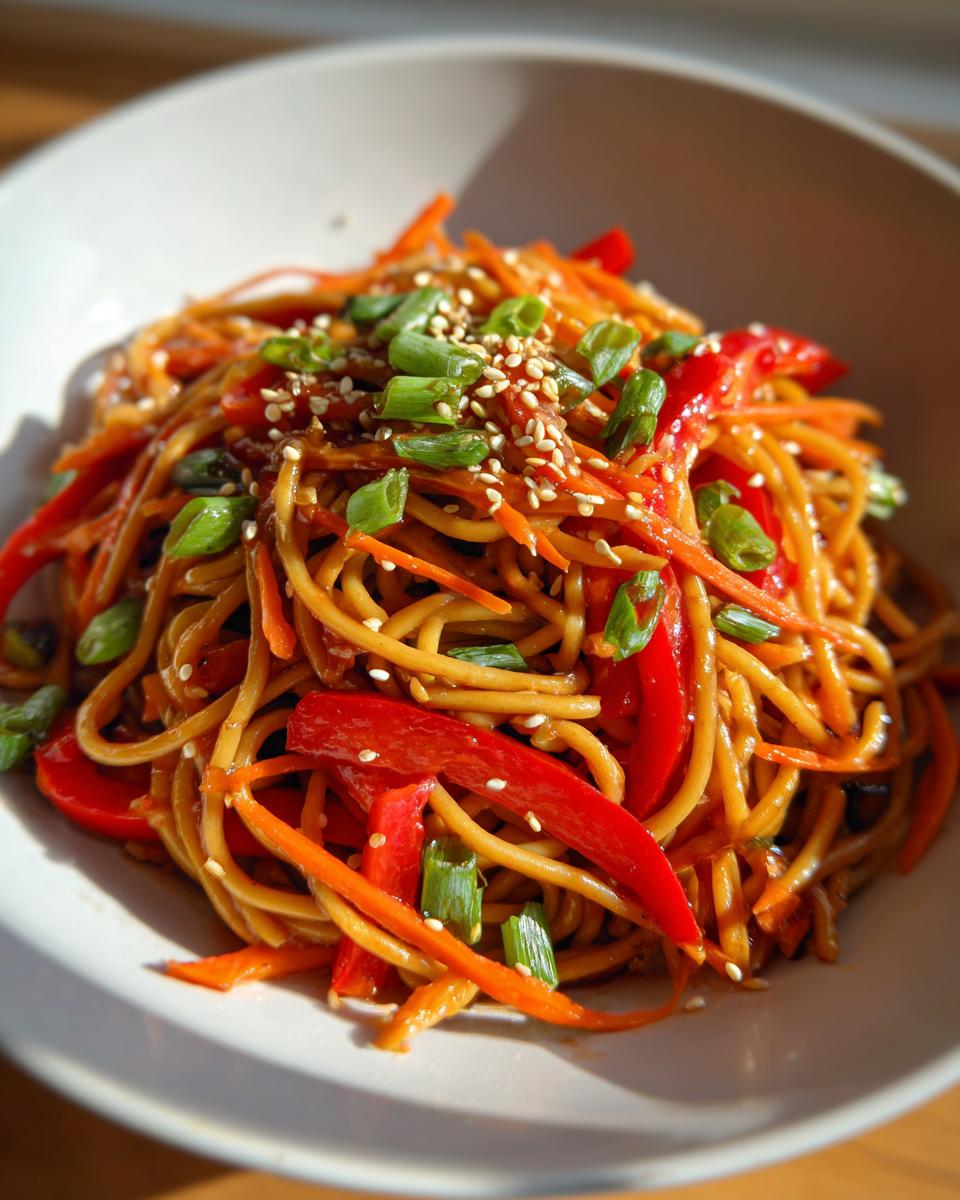Close-up of a bowl of Asian pasta salad with noodles, carrots, red peppers, and sesame seeds.