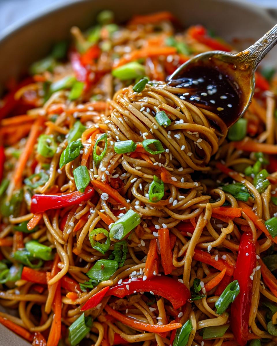 Close-up of Asian pasta salad with noodles, carrots, red bell peppers, and sesame seeds. This is a delicious pasta salad asian recipe.