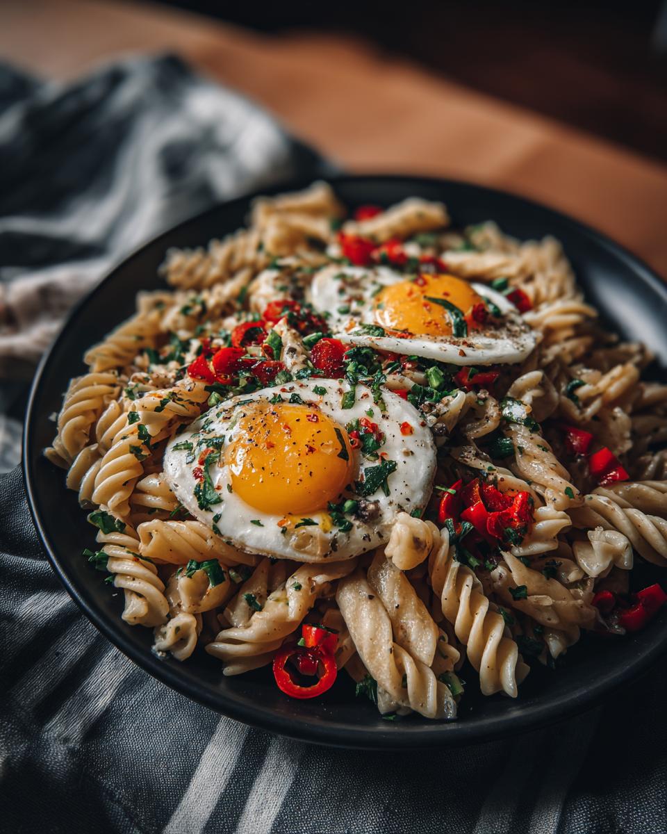 Close-up of a pasta salad asian dish with fusilli pasta, fried eggs, and red pepper garnish.