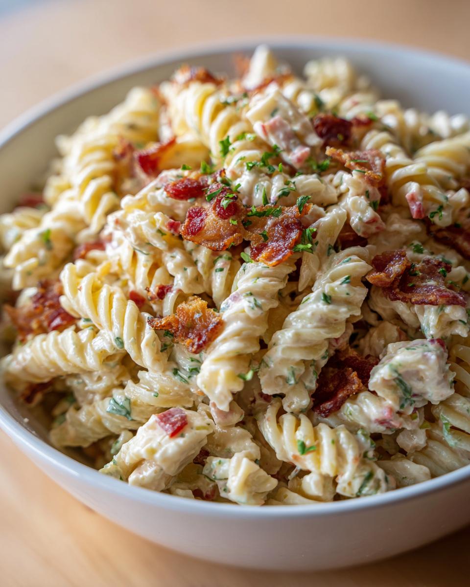 Close-up of a bowl filled with delicious pasta salad bacon ranch, showing pasta, bacon, and creamy dressing.