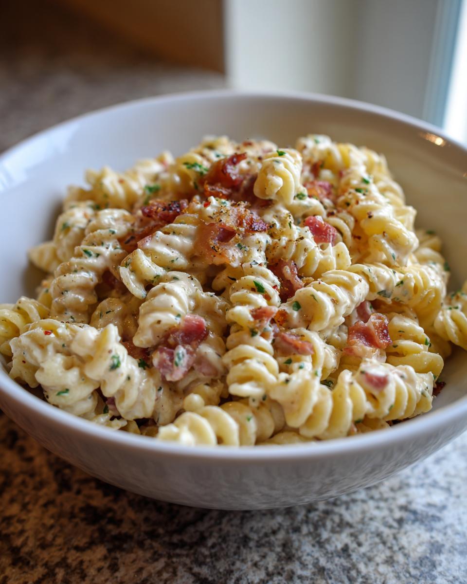 Close-up of a bowl of pasta salad bacon ranch with bacon crumbles and herbs.