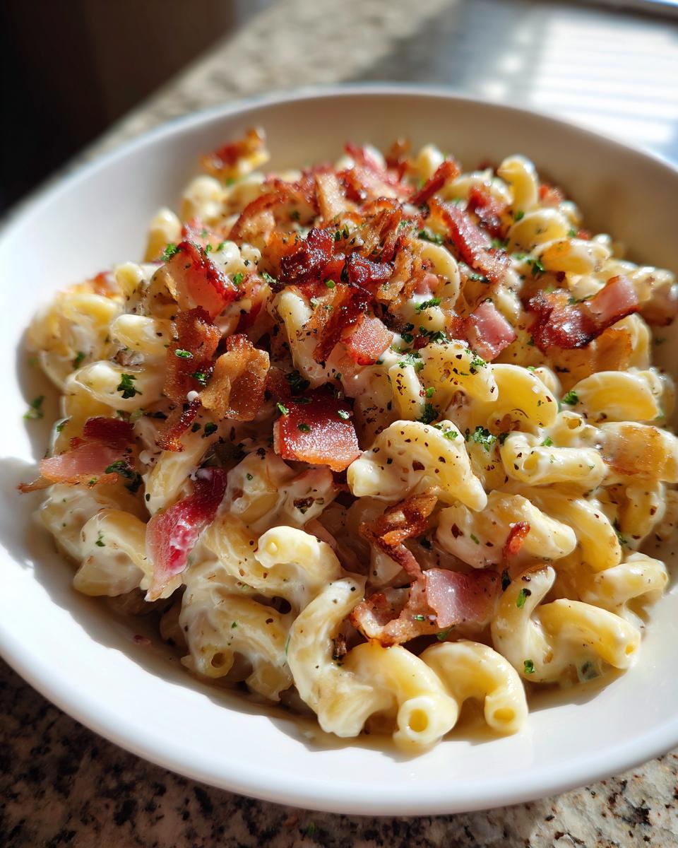 Close-up of a bowl of pasta salad bacon ranch with bacon crumbles and herbs.