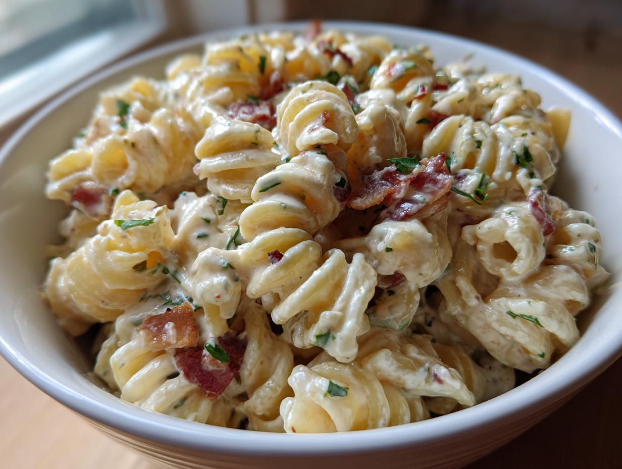 Close-up of pasta salad bacon ranch in a white bowl, showing pasta, bacon, and creamy dressing.