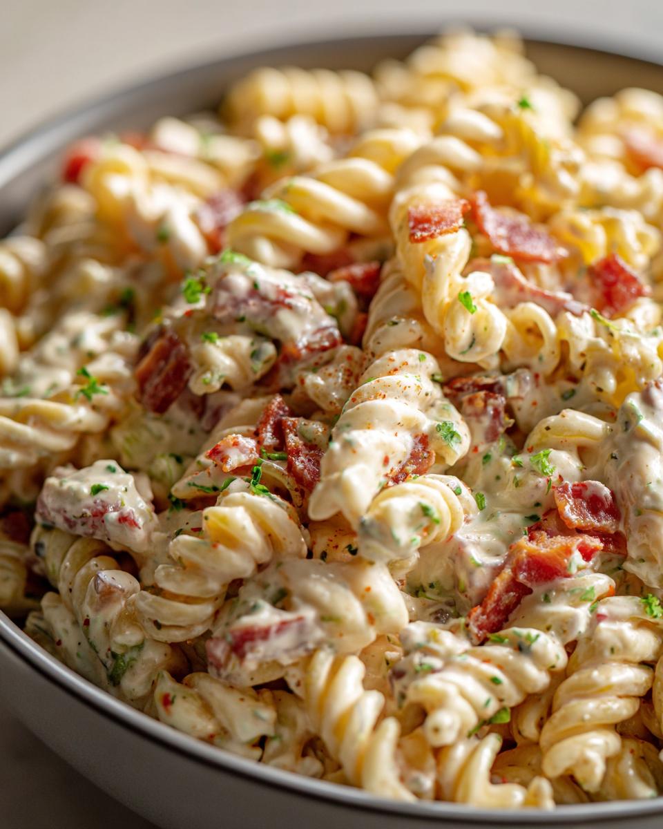 Close-up of a bowl of pasta salad bacon ranch with bacon crumbles and creamy dressing.