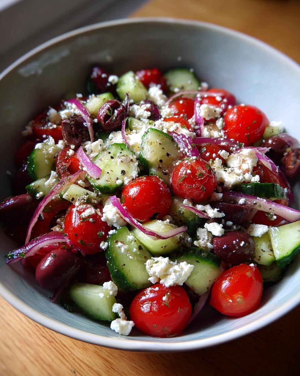 Close-up of a pasta salad balsamic with tomatoes, cucumbers, olives, and feta cheese.