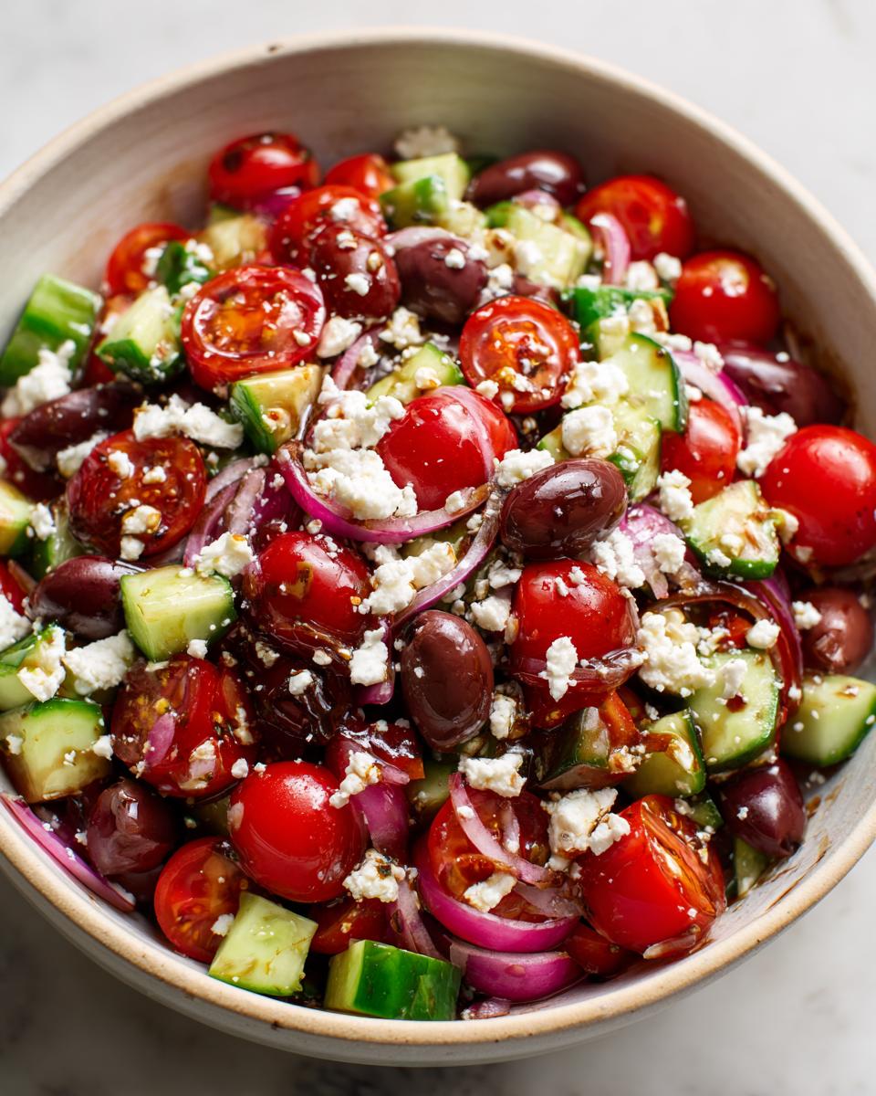 Close-up of a pasta salad balsamic with tomatoes, olives, cucumbers, and feta cheese.