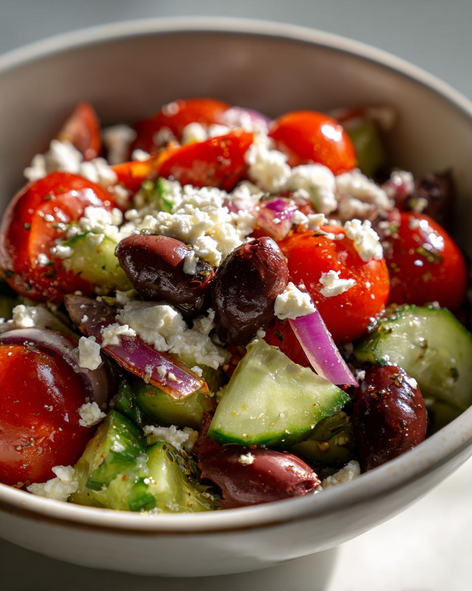 Close-up of a pasta salad balsamic with tomatoes, olives, cucumbers, and feta cheese.