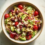 Overhead shot of pasta salad balsamic with tomatoes, cucumbers, olives, and feta in a bowl.