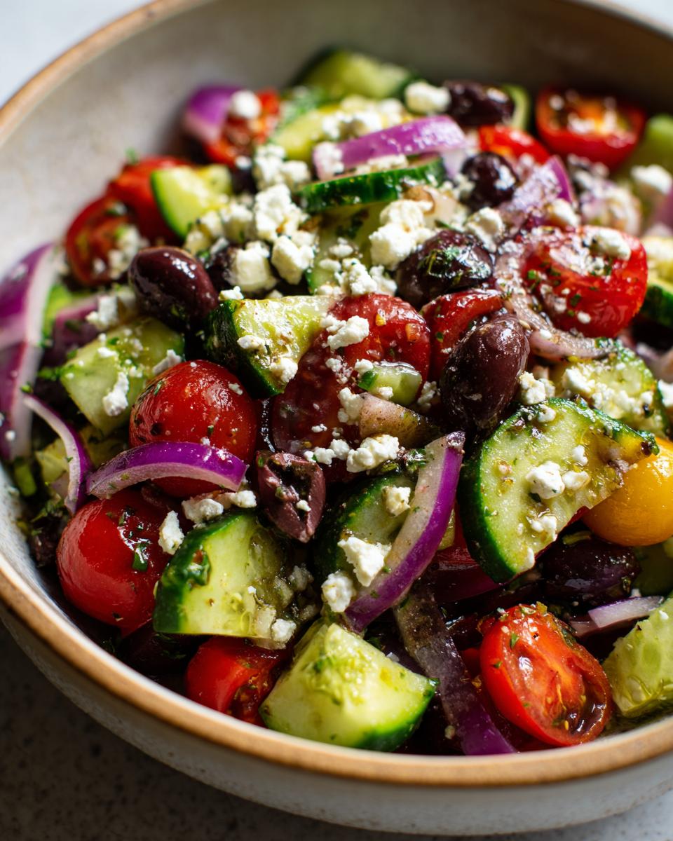 Close-up of a pasta salad balsamic with tomatoes, cucumbers, olives, and feta cheese.