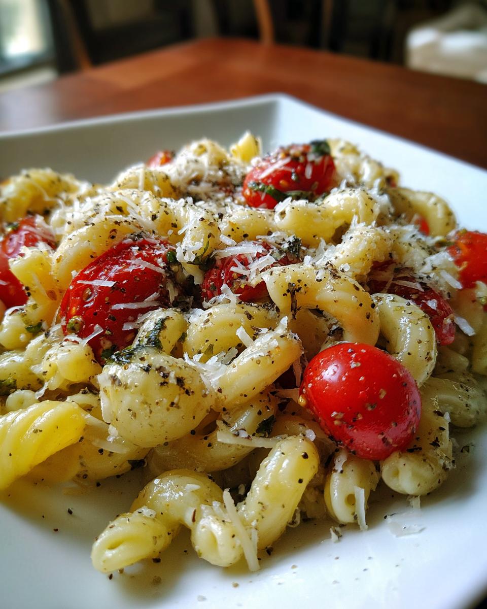 Close-up of pasta salad basil with cherry tomatoes, cheese, and herbs on a white plate.