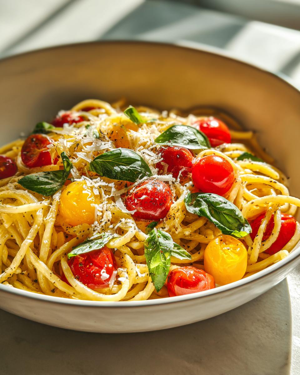 Close-up of pasta salad basil with cherry tomatoes, basil leaves, and cheese.