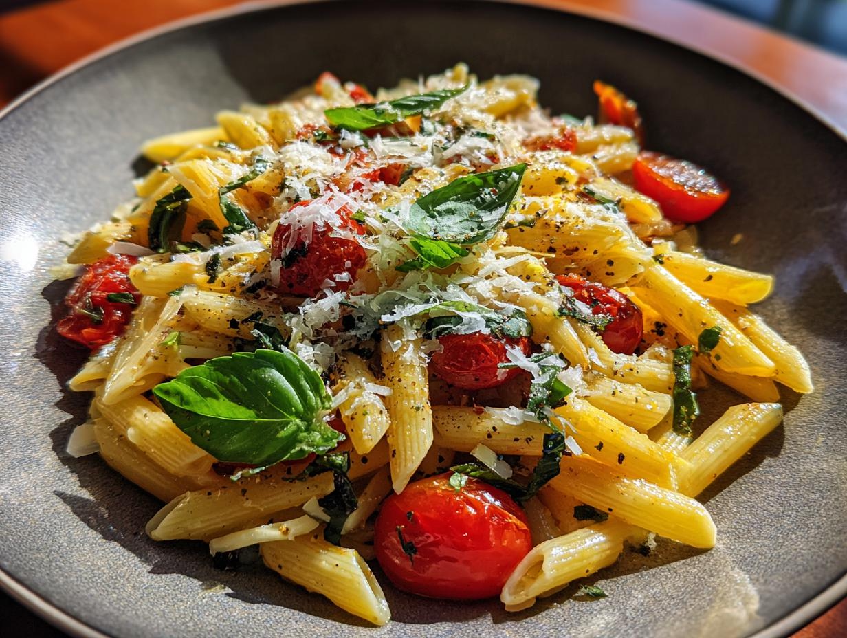 Close-up of a pasta salad basil dish with penne pasta, cherry tomatoes, and fresh basil.