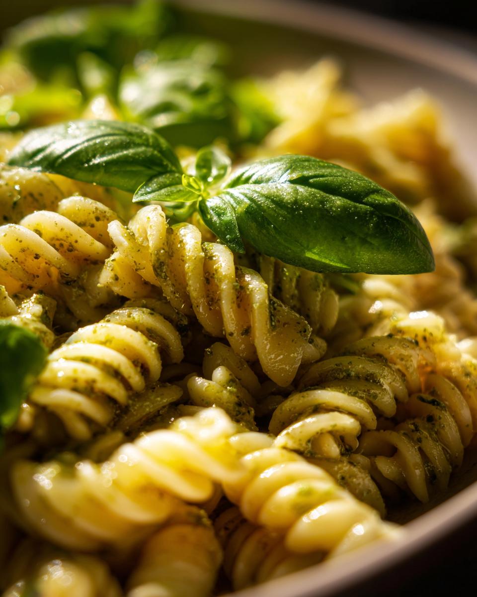 Close-up of pasta salad basil with fresh basil leaves, showing the pesto sauce and fusilli pasta.