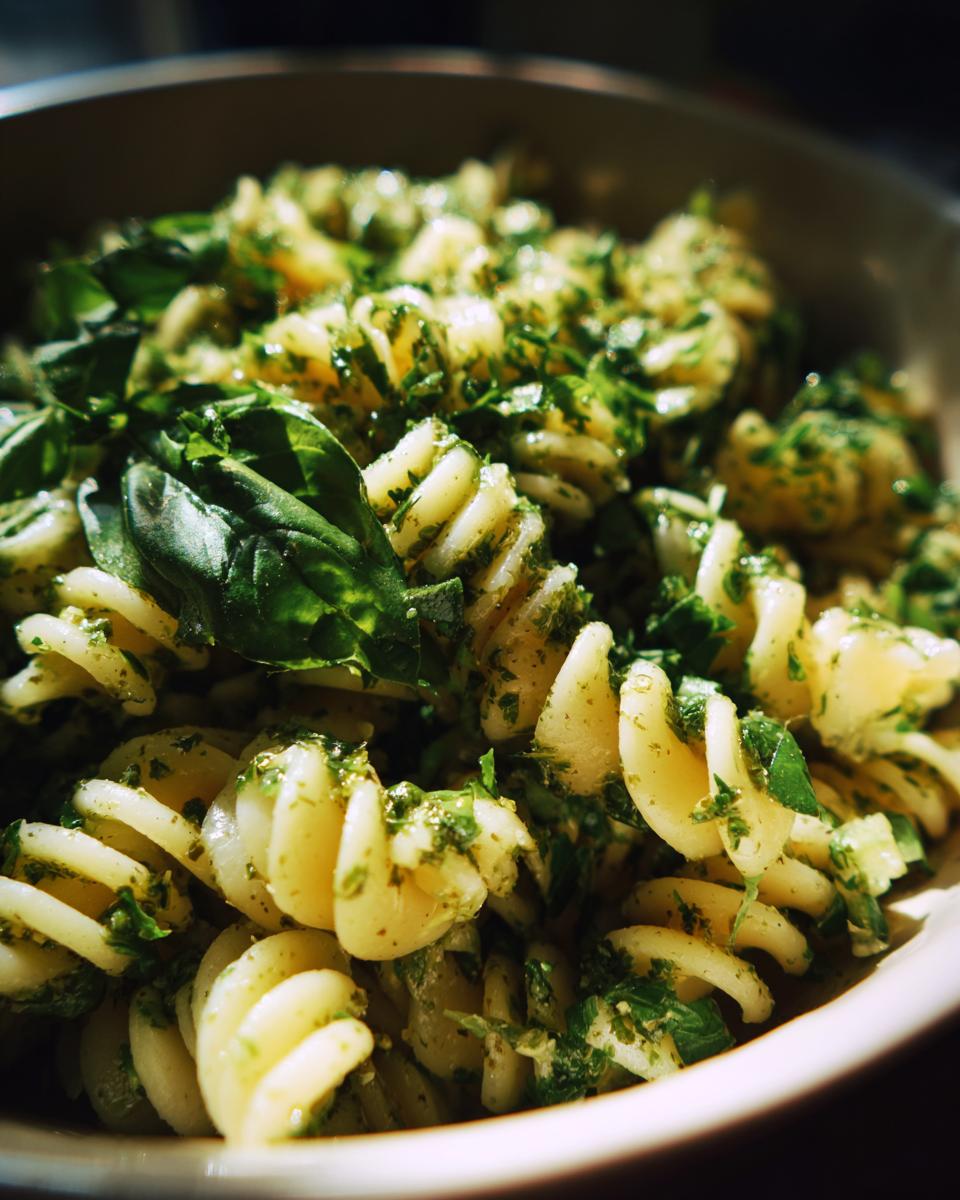 Close-up of pasta salad basil with fusilli pasta, fresh basil leaves and pesto.