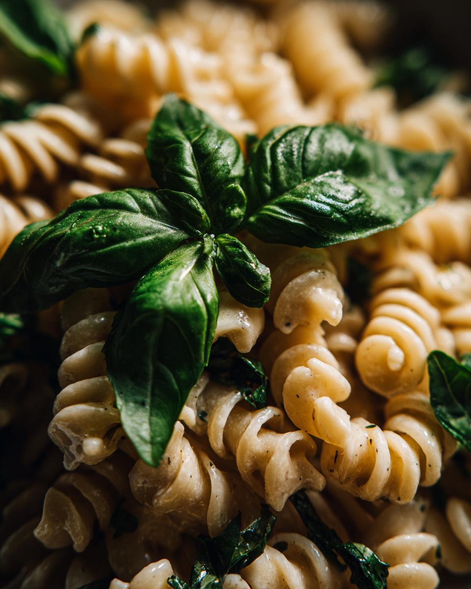 Close-up of pasta salad basil with fresh basil leaves, showing the pasta and herbs.