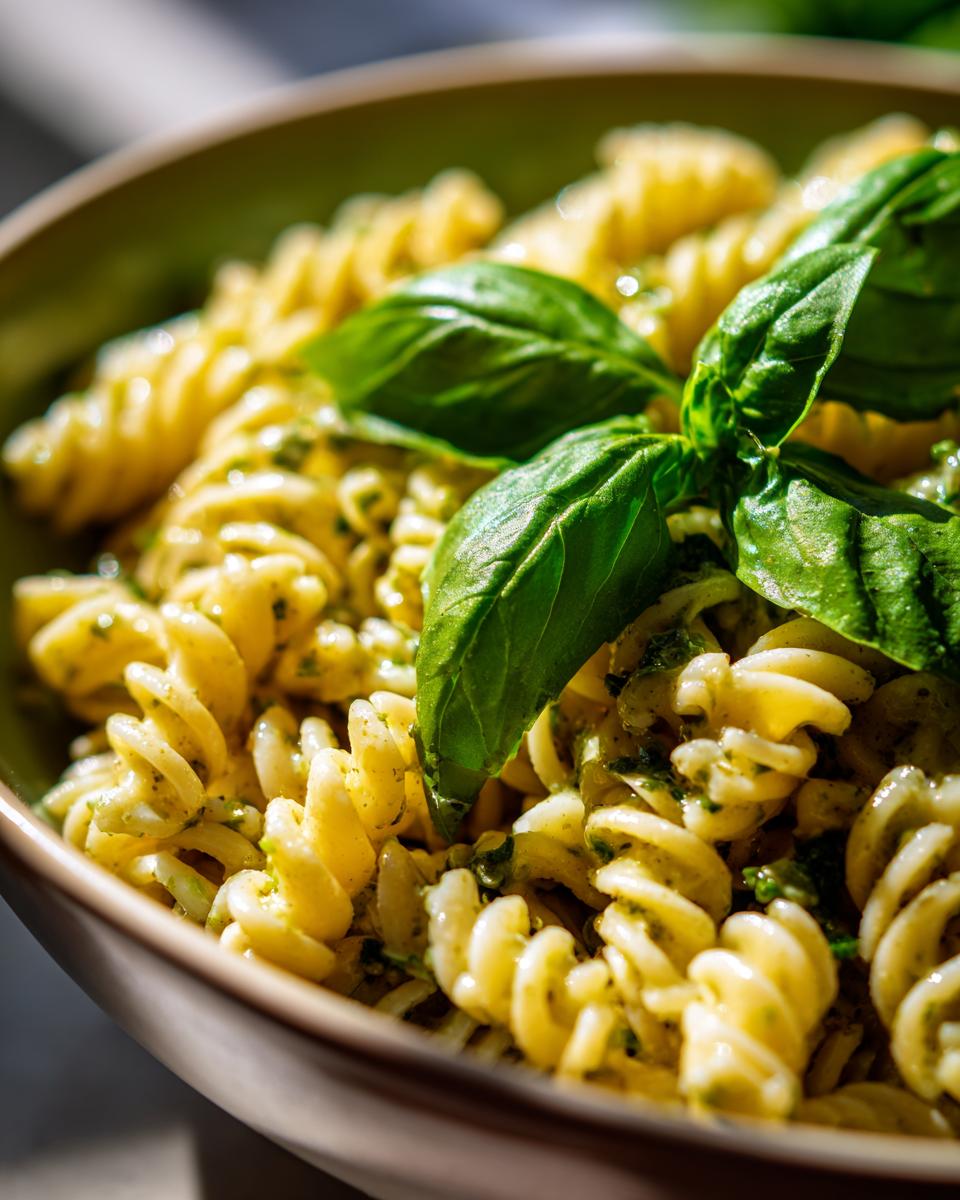 Close-up of pasta salad basil with fresh basil leaves in a bowl.