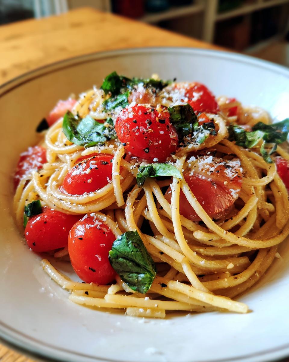 Close-up of pasta salad basil with cherry tomatoes, basil leaves, and parmesan cheese.