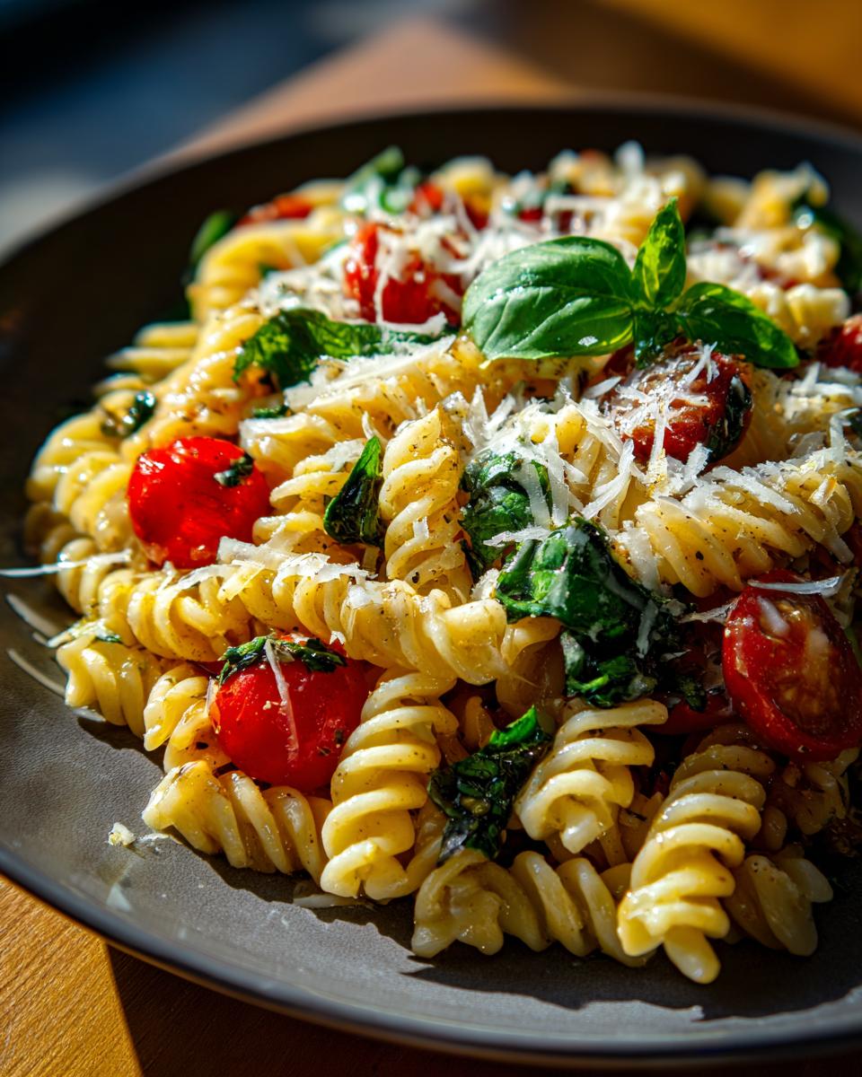 Close-up of pasta salad basil with tomatoes, basil leaves, and grated cheese on a plate.