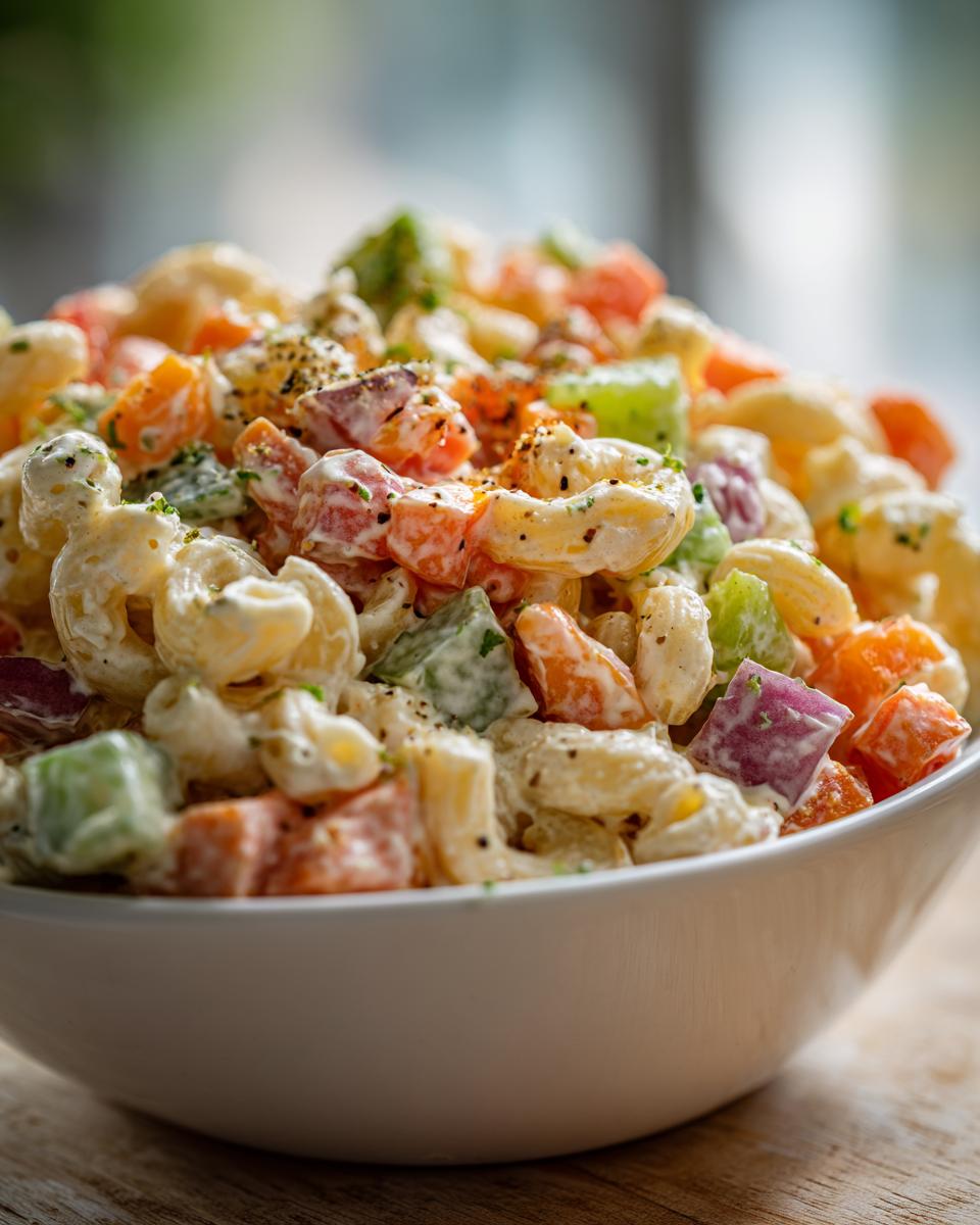 Close-up of a bowl of pasta salad with vegetables. Learn how do you make pasta salad.
