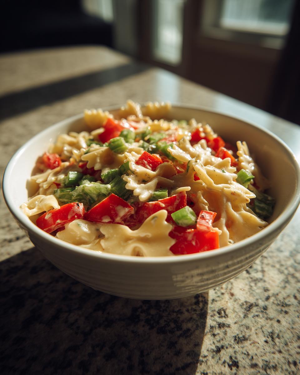 Close-up of a bowl of pasta salad bowtie with tomatoes and green peppers. The pasta salad bowtie is creamy.