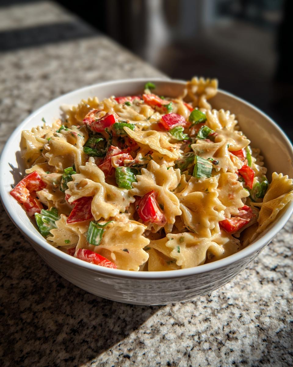 A bowl of delicious pasta salad bowtie with red peppers and green onions. The pasta salad bowtie is ready to serve.