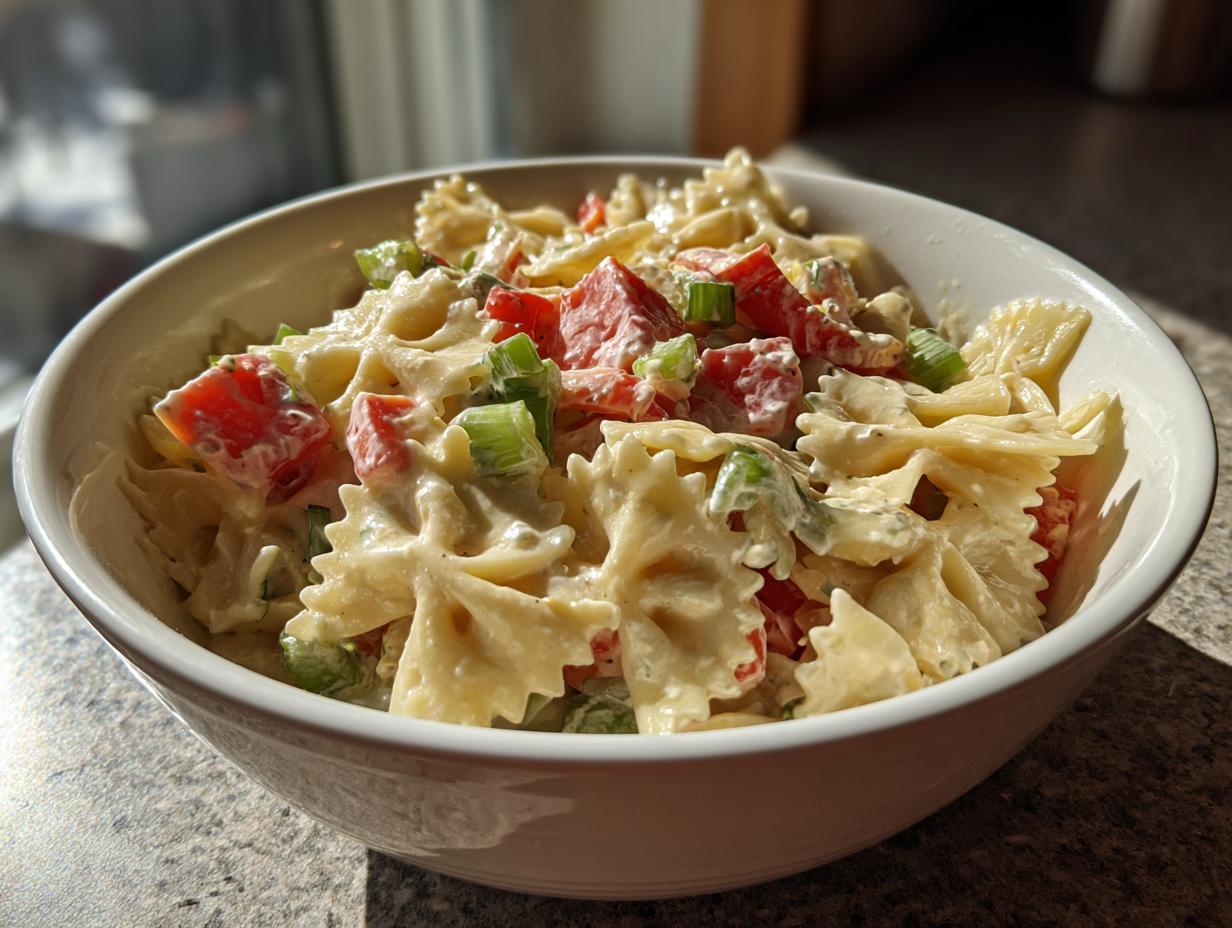 Close-up of a bowl of pasta salad bowtie with tomatoes and green onions. The pasta salad bowtie is creamy.