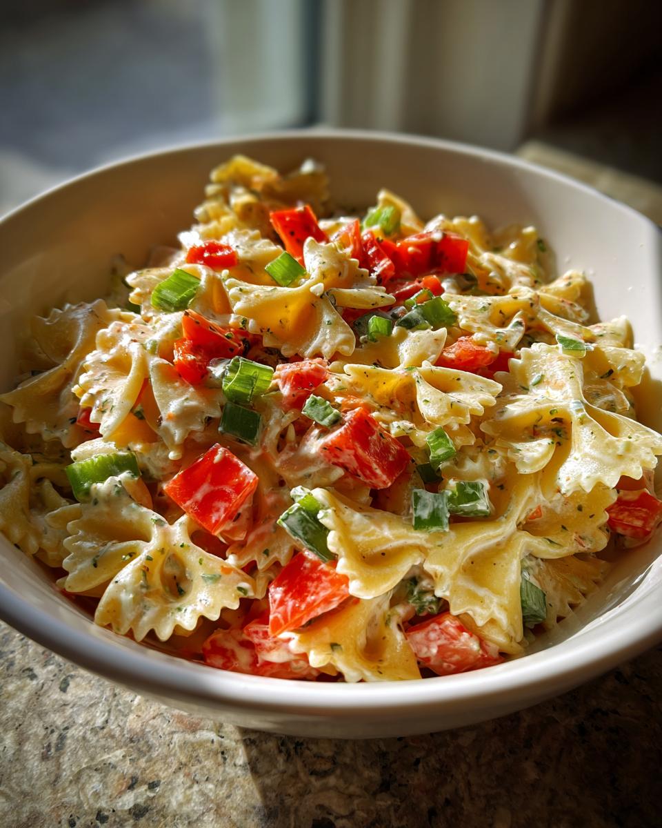 Close-up of a pasta salad bowtie with red peppers and green onions in a white bowl.