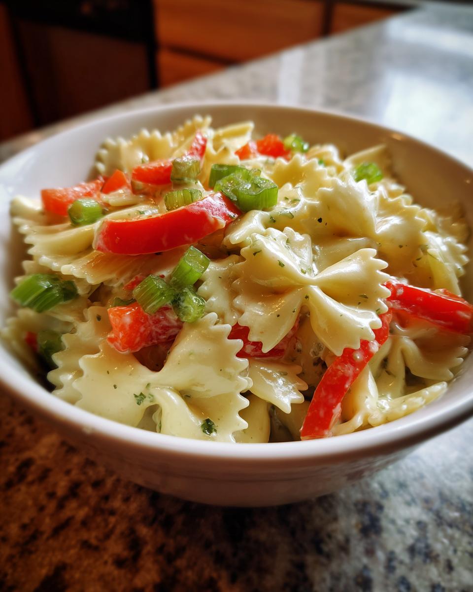 Close-up of a bowl of pasta salad bowtie with red bell peppers and green onions. This is a pasta salad bowtie.
