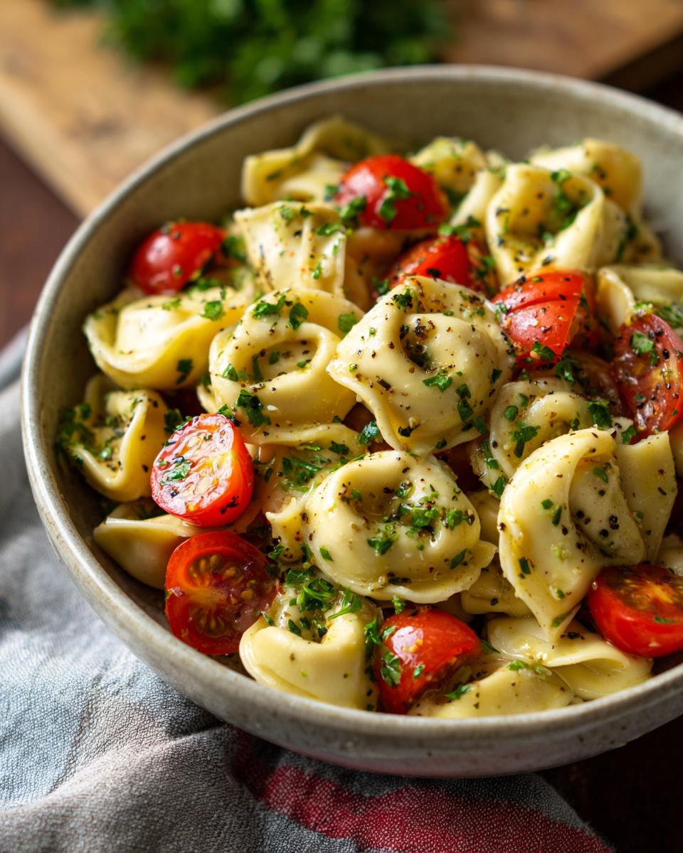 Close-up of a bowl of pasta salad using cheese tortellini with cherry tomatoes and herbs.