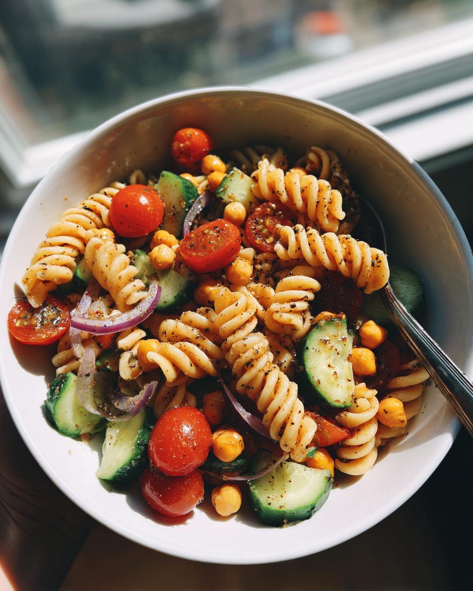 Close-up of a pasta salad with chickpeas, tomatoes, cucumber, and red onion. The pasta salad chickpeas are in a white bowl.