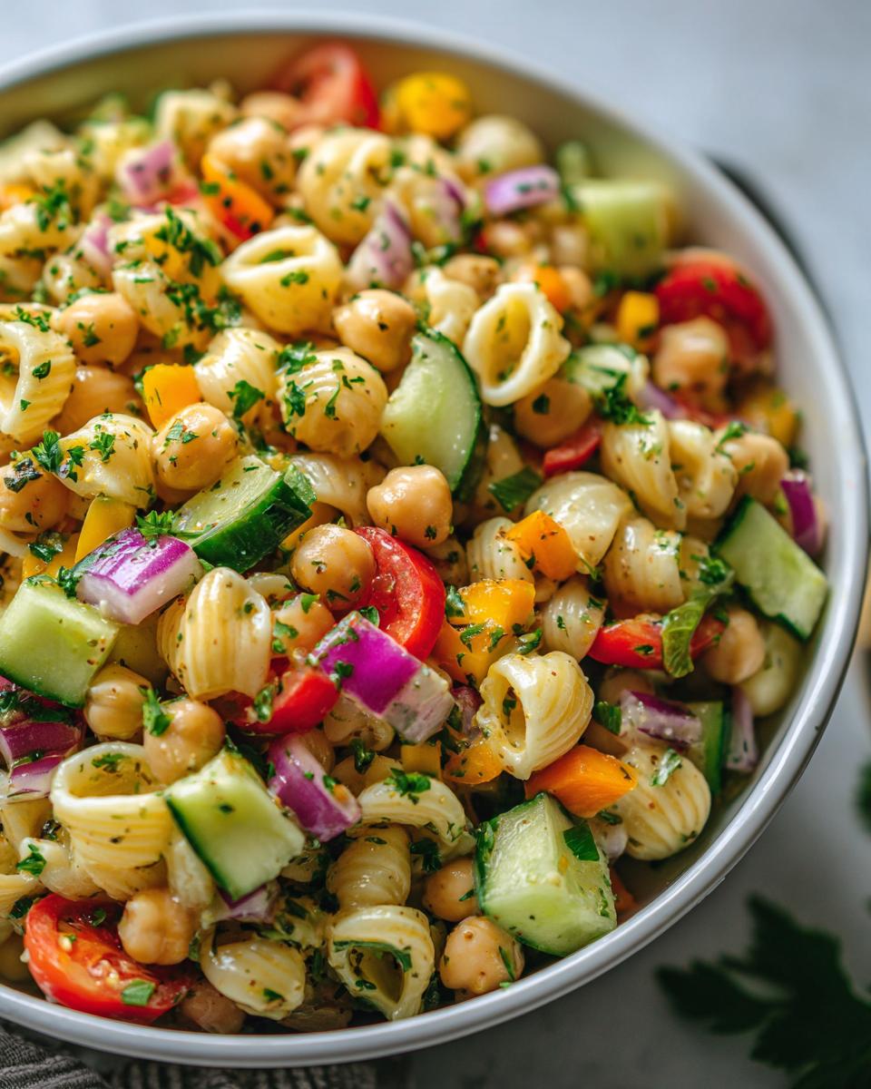 Close-up of a vibrant pasta salad chickpeas with vegetables in a white bowl.