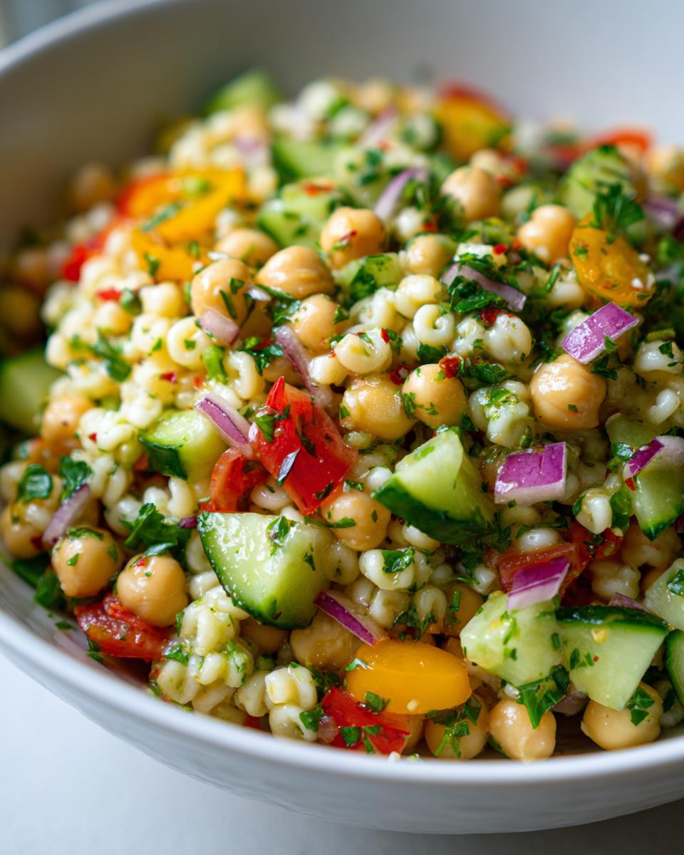 Close-up of a vibrant pasta salad chickpeas in a white bowl, with fresh vegetables and herbs.