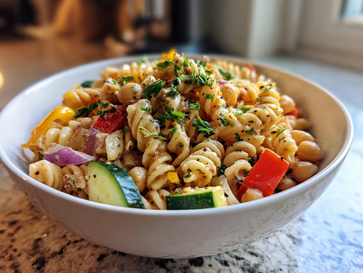 Close-up of a bowl of pasta salad chickpeas with vegetables, herbs, and dressing. The pasta salad chickpeas is a colorful and healthy meal.