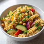 Close-up of a bowl of pasta salad chickpeas with vegetables, a healthy and delicious meal.