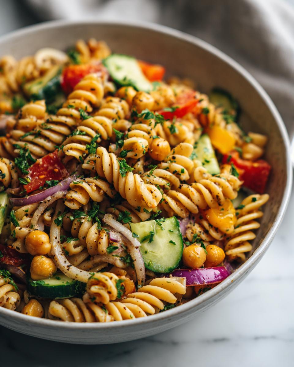 Close-up of a bowl of pasta salad chickpeas with vegetables and herbs. The pasta salad chickpeas is a healthy meal.