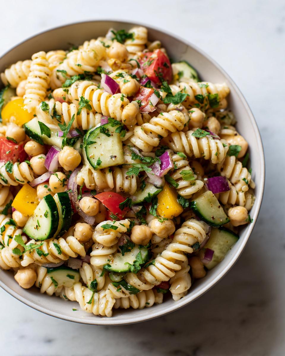 Overhead shot of a bowl filled with pasta salad chickpeas, tomatoes, cucumbers, and herbs.