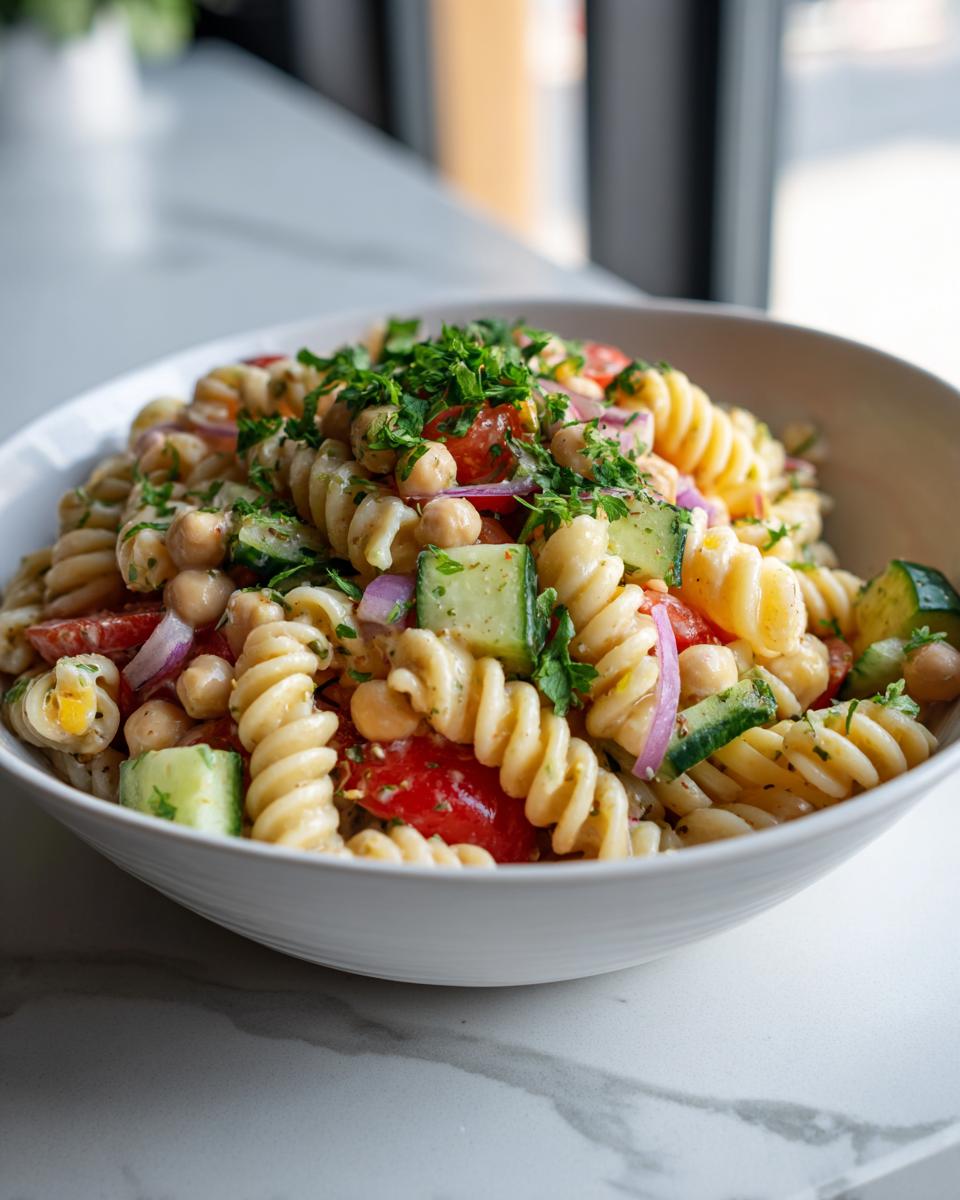 Close-up of a pasta salad chickpeas in a white bowl, with tomatoes, cucumbers, and red onion.