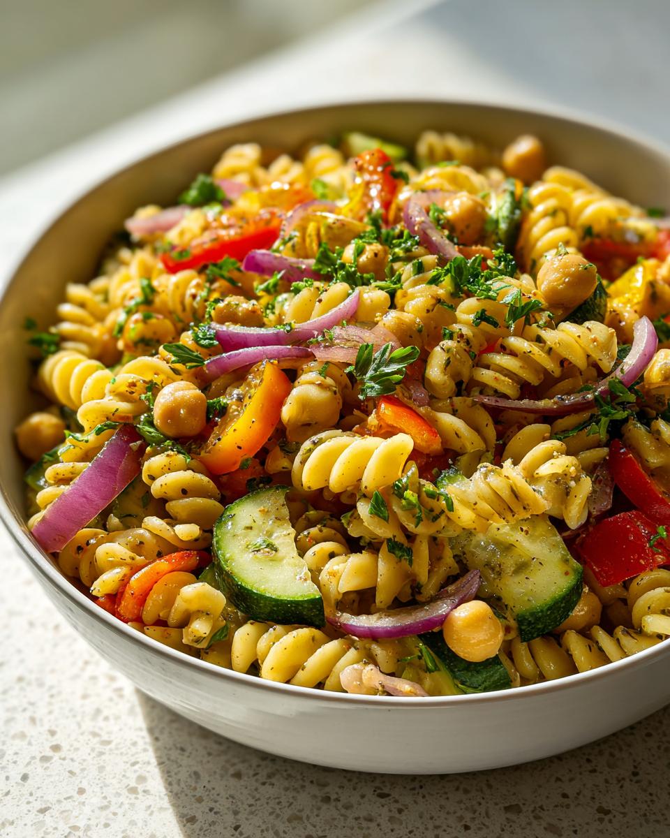 Close-up of a bowl of pasta salad chickpeas with vegetables, herbs, and dressing.