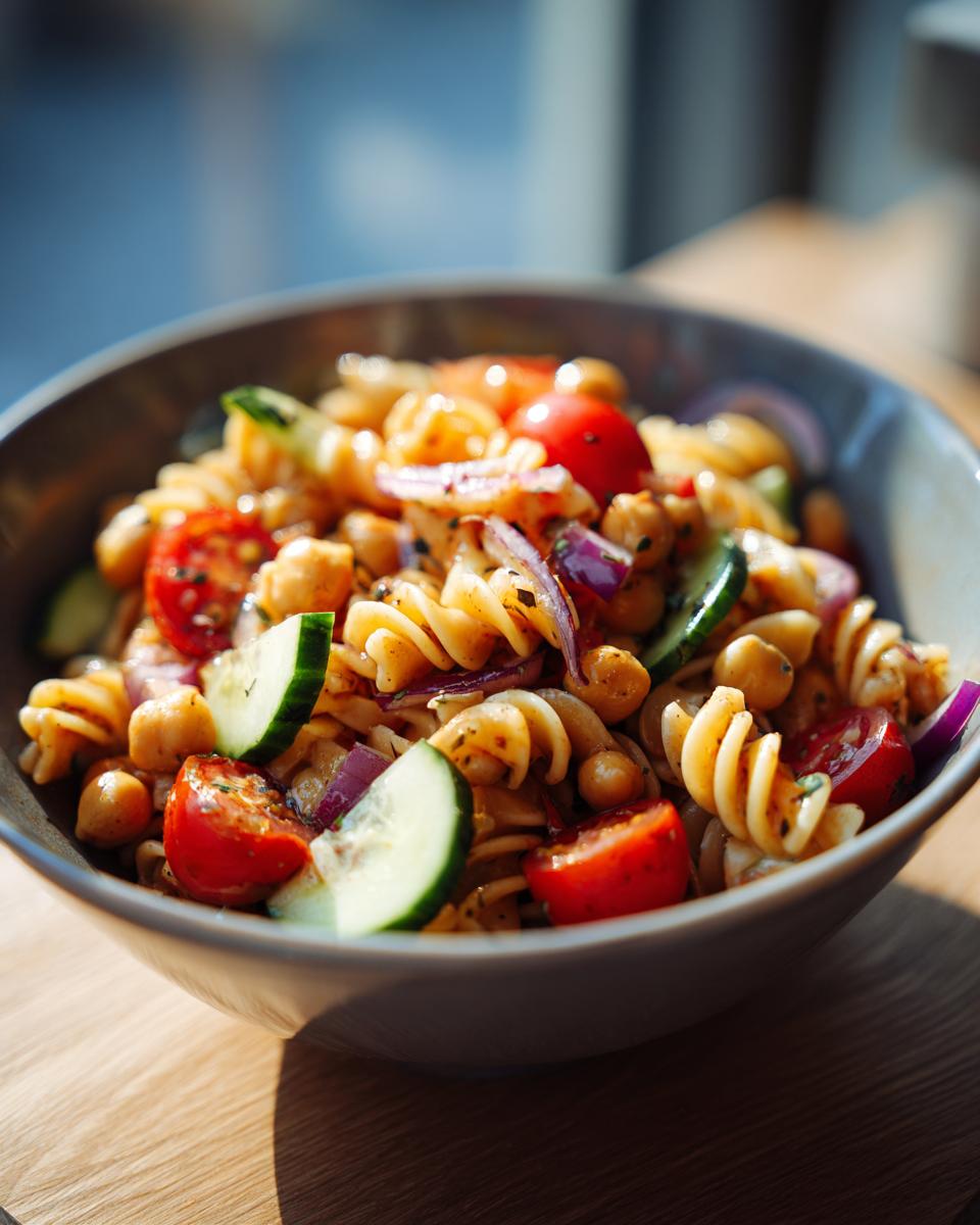 Close-up of a bowl of pasta salad chickpeas with tomatoes, cucumber, and red onion.